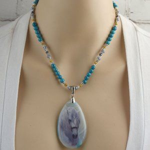 Blue Printed Horse Agate Necklace Set